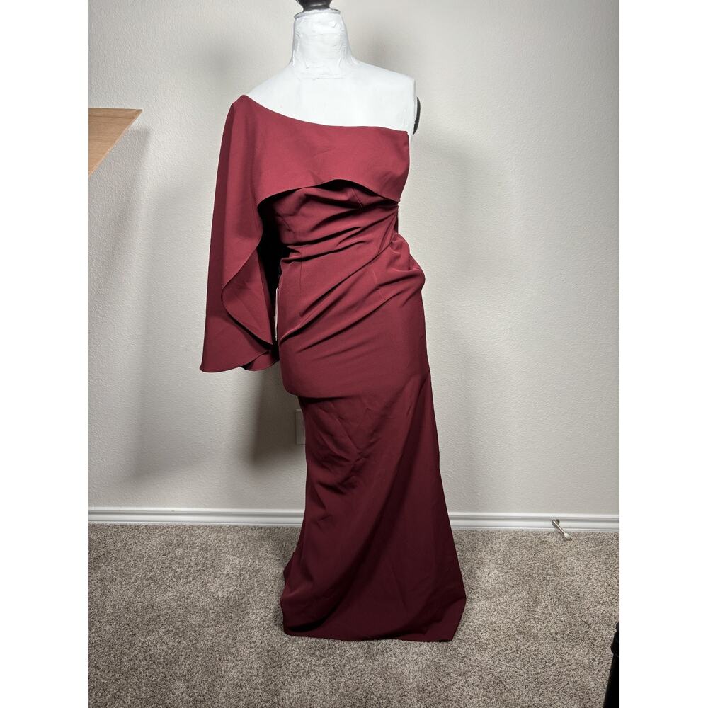 JJ's House NWT Mermaid Burgundy Long Prom Zip Asymmetric Sleeve Dress Size 4 - Picture 1 of 9